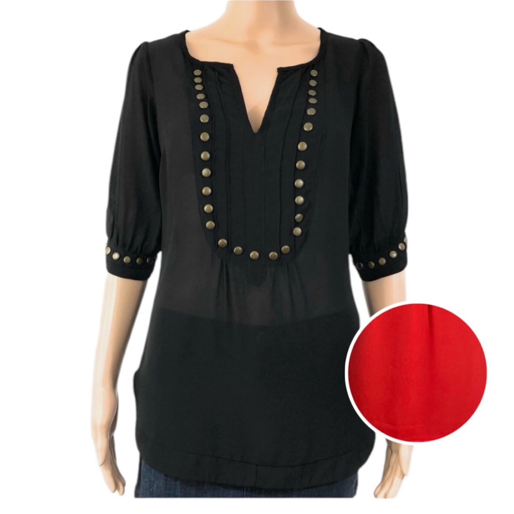 Angie Black V-Neck Chiffon Gold Studded Short Sleeve Blouse Red size medium